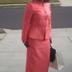 G.M.I. Classic Coral Peplum Two Piece Skirt Suit